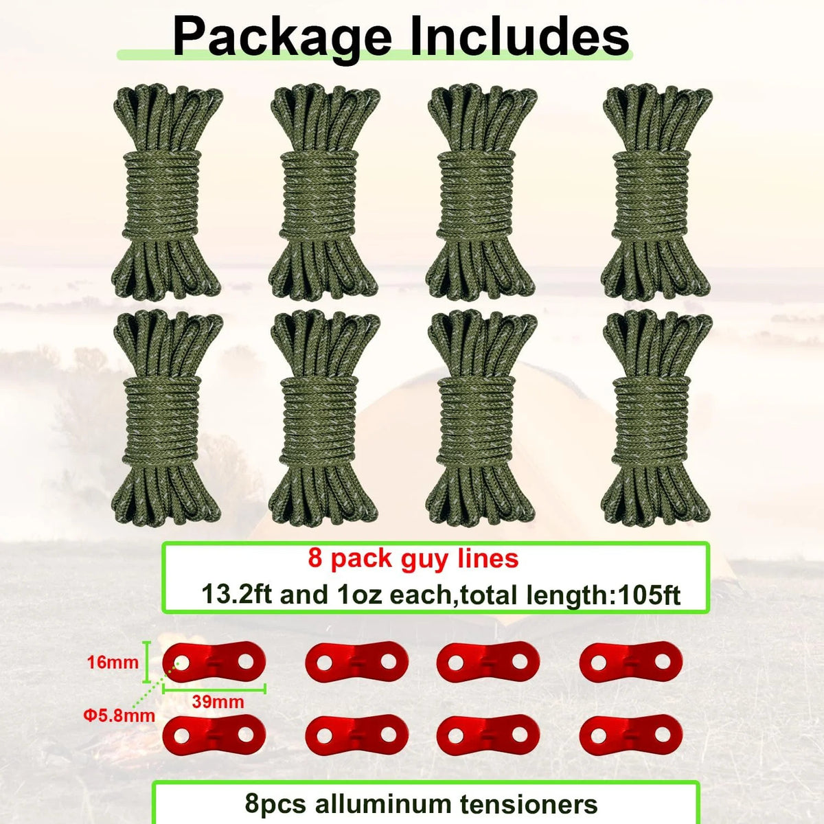 Ultralight 8 Pack 4mm Tent Guy Lines with Aluminum Tensioners - Total 104ft for Camping & Hiking