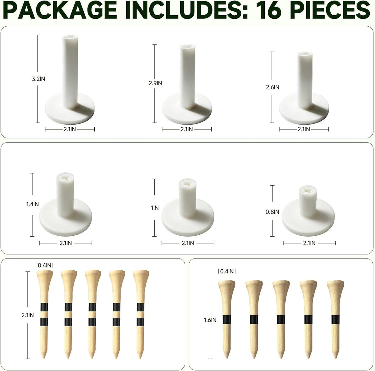 16-Piece Rubber & Bamboo Golf Tees Set for Indoor & Outdoor Use