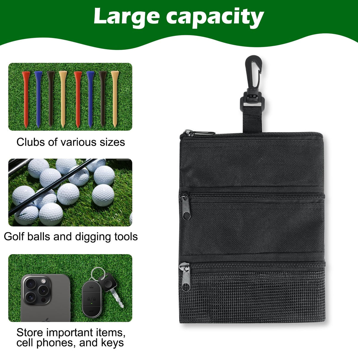 Golf Tee Bag with Pockets and Clip-On Storage for Balls & Accessories