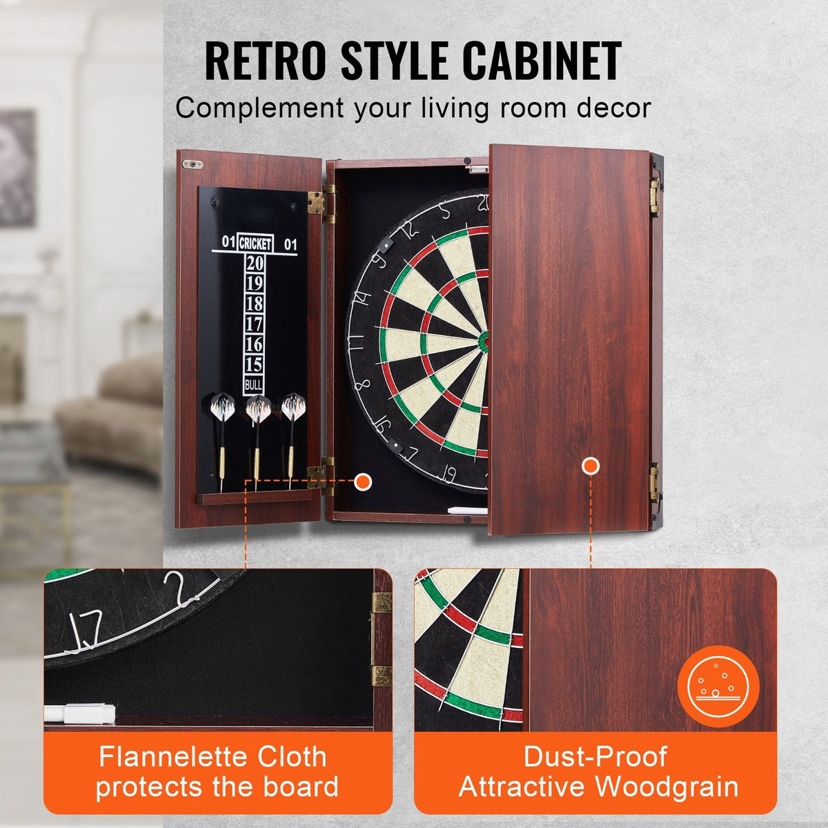 Official-Size Dartboard Cabinet Set with 18" Dartboard, 6 Steel Tip Darts