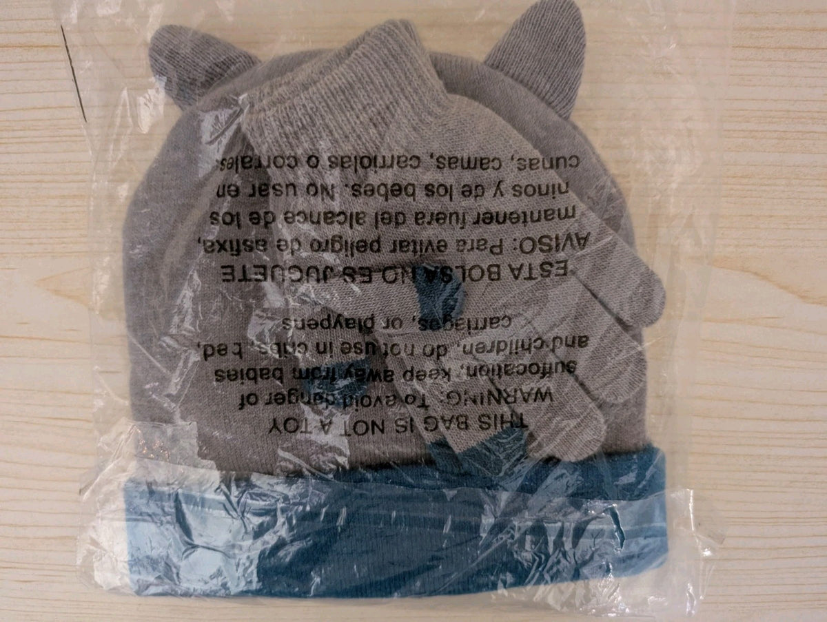 Winter Beanie Hat and Gloves Set for Boys - Wolf Knit Design, Grey Blue