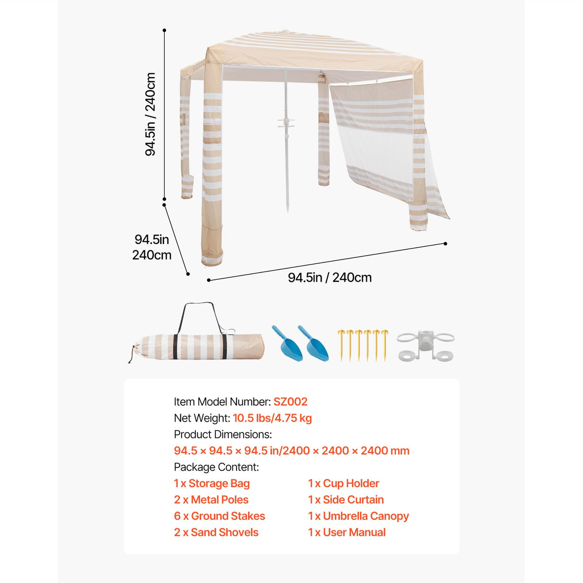 8x8 ft Beach Cabana Canopy with Sidewall - UPF 50+ Shade Shelter Tent