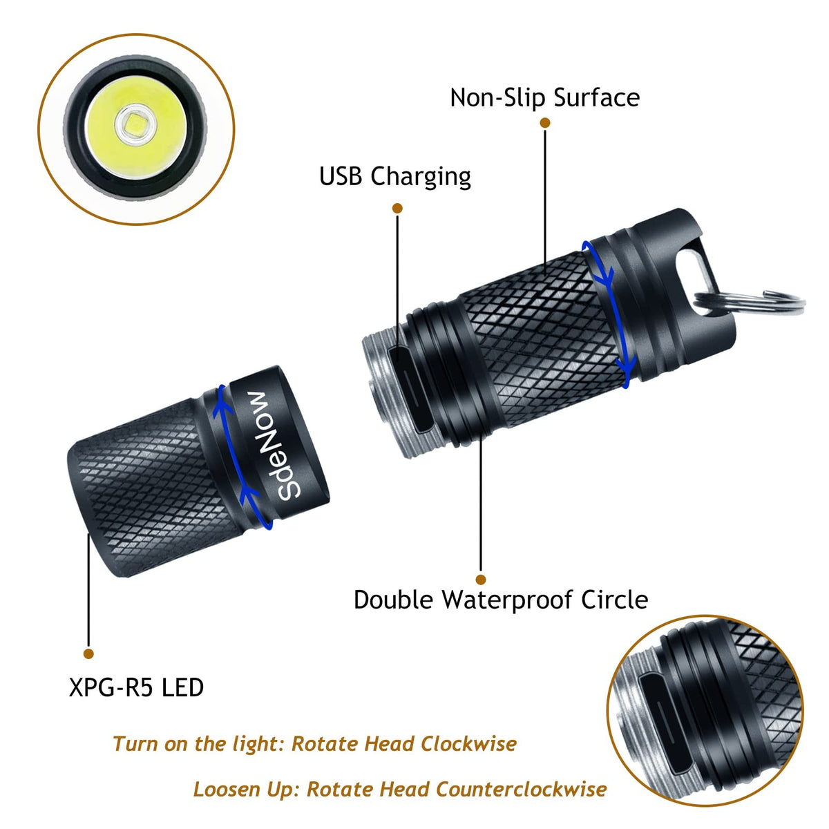 Mini Rechargeable LED Keychain Flashlight with Micro USB, Waterproof & Shockproof
