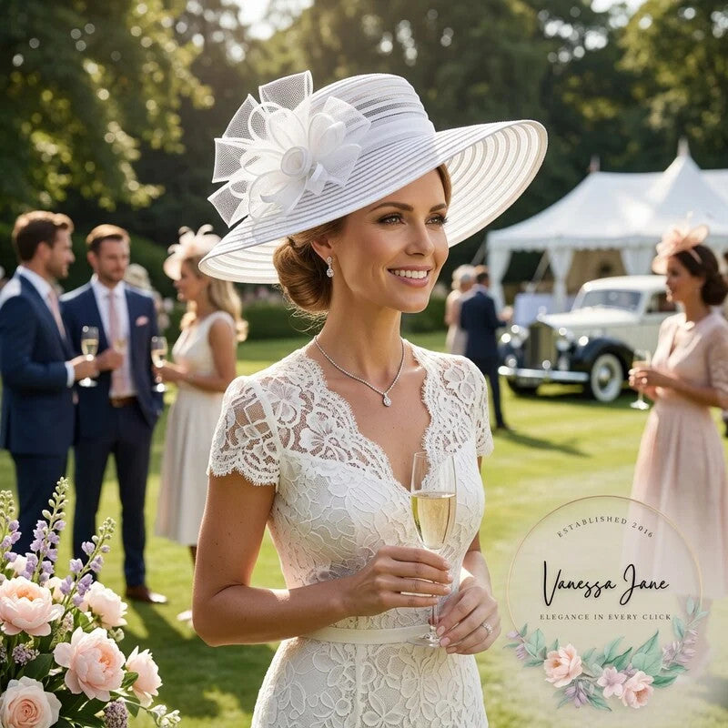 Women's Micro Brim Organza Cloche Sun Hat with Bow - White