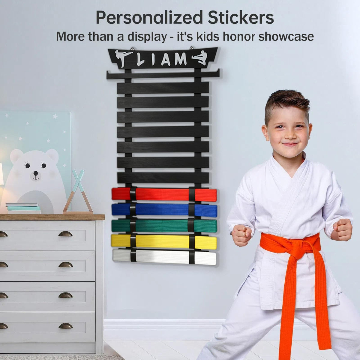 Martial Arts Belt Display Rack for 12 Belts with Stickers & Medal Hanger