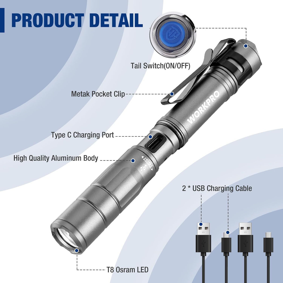 Rechargeable Mini LED Flashlight - Compact EDC Pen Light with 4 Modes, IPX4 Water Resistance