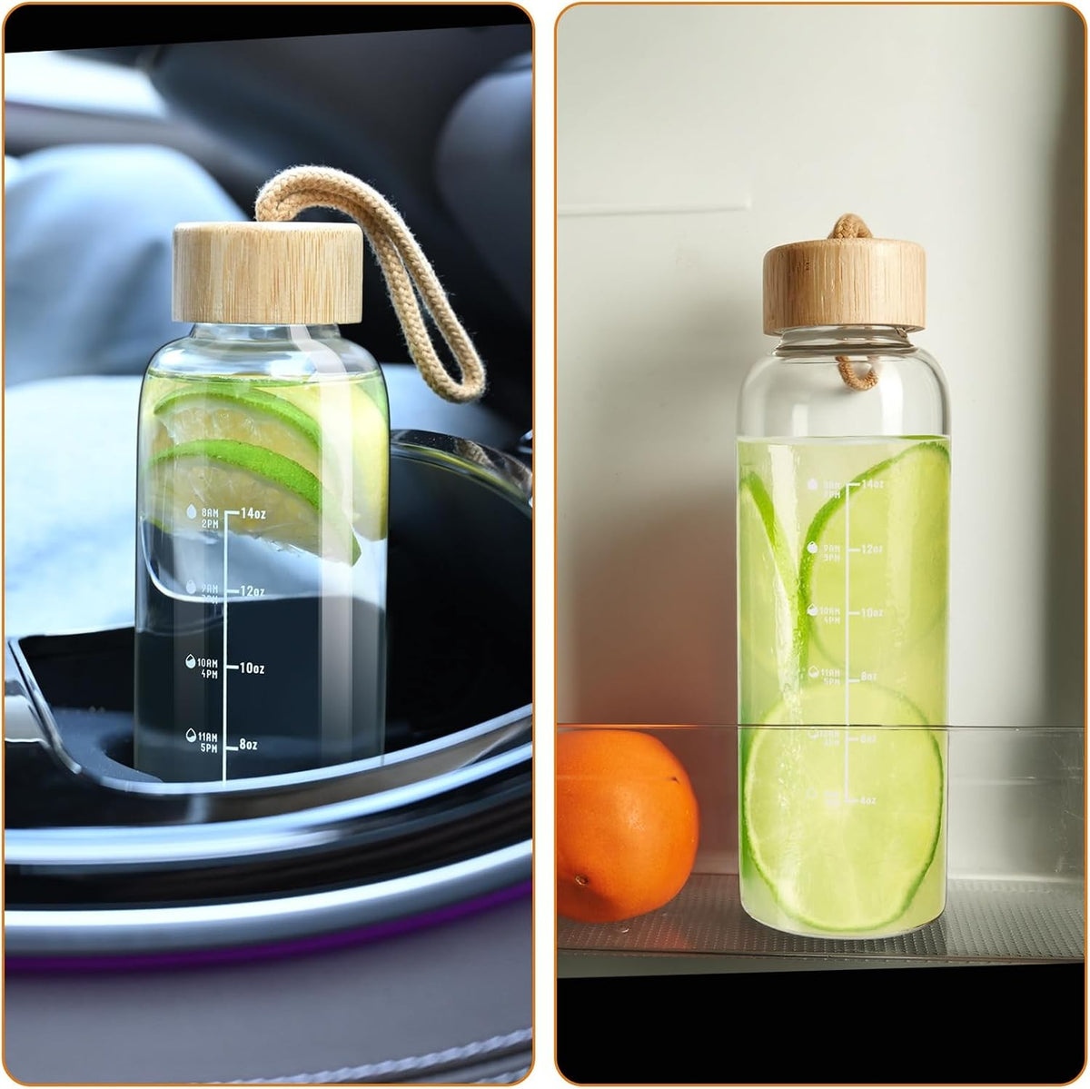 17oz Glass Water Bottle with Time Marker, Leakproof Lid & Strap