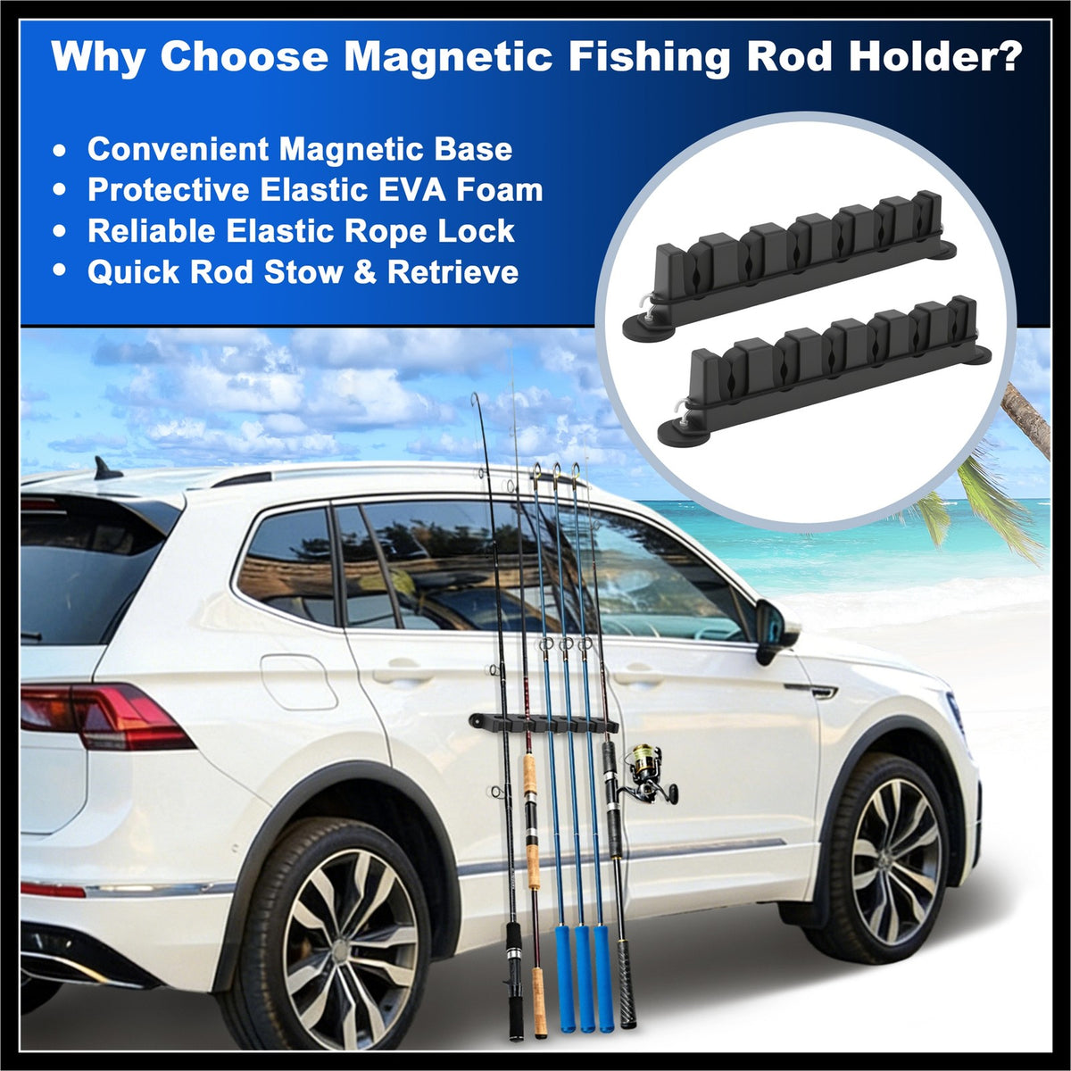 Magnetic Fishing Rod Holder Set with Elastic Rope - 6 Rod Storage for Boat Truck Pickup