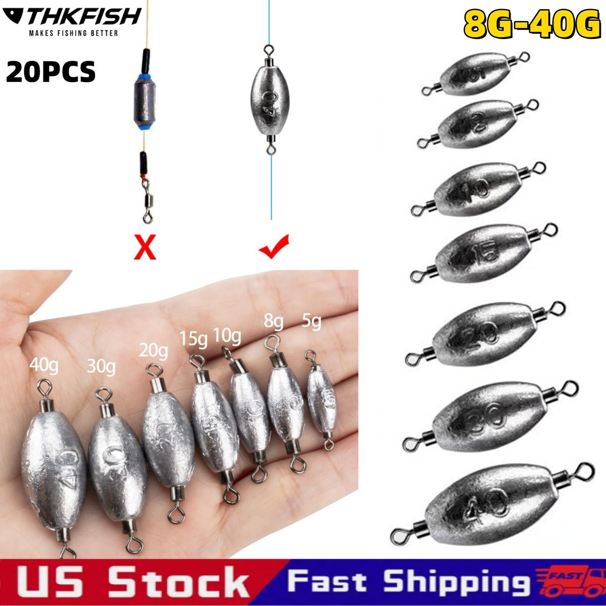 Fishing Inline Sinkers with Swivels - Saltwater & Freshwater Trolling Weights