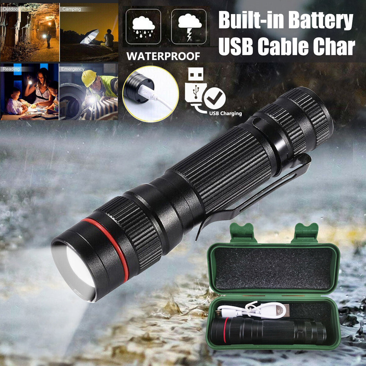 High Lumens Rechargeable LED Tactical Flashlight with Zoom, 95000000LM