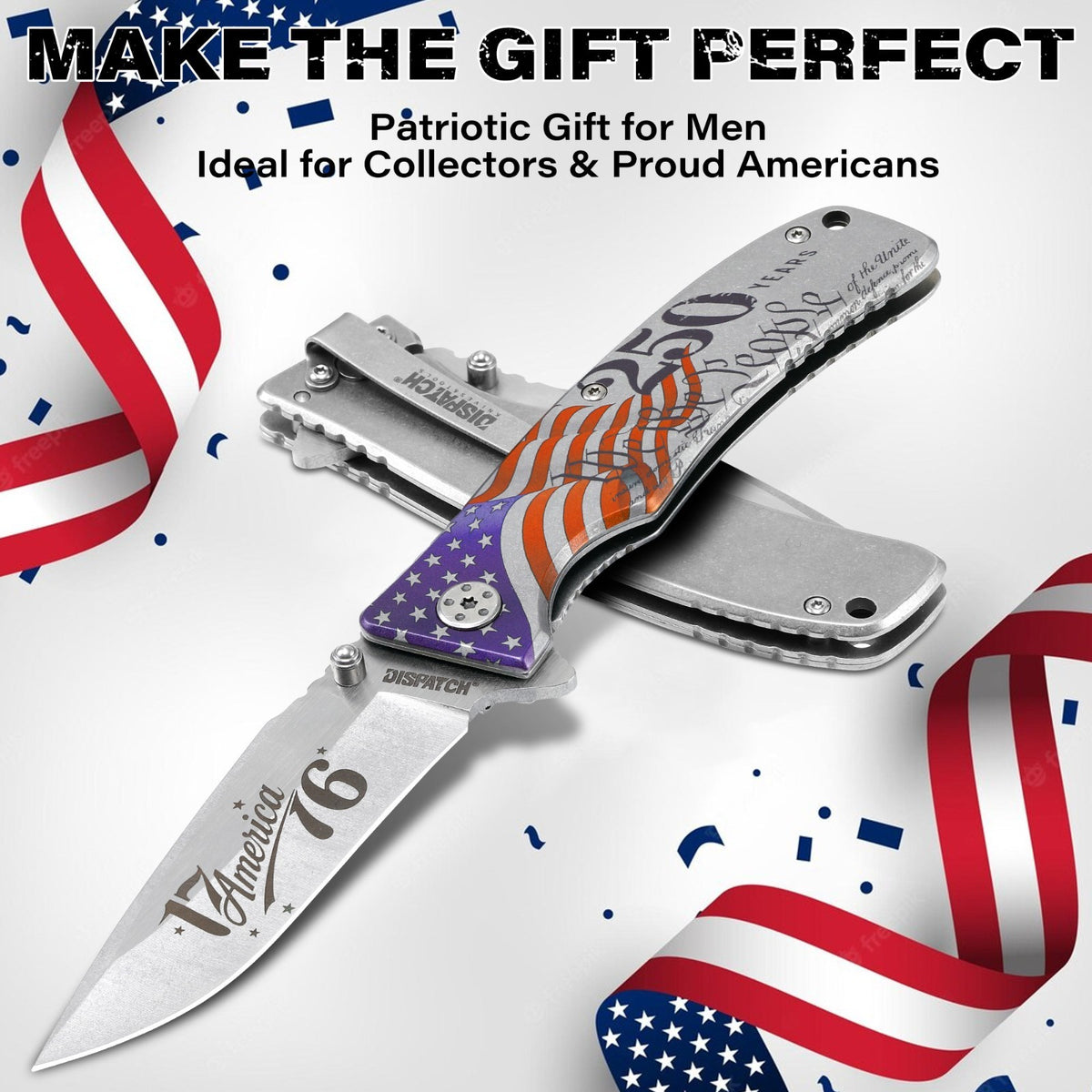 Patriotic 250th Anniversary Collectible Pocket Knife & Coin Set with Handle Options