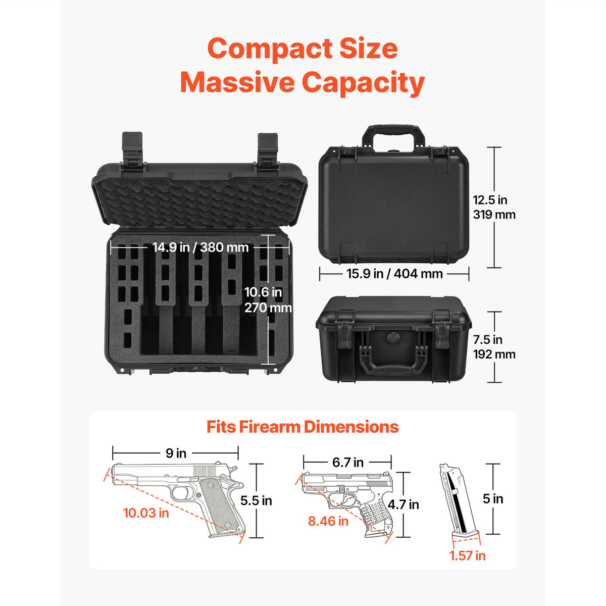 Durable Hard Pistol Case with Foam Interior for Secure Storage 15.9x12.5x7.5 in