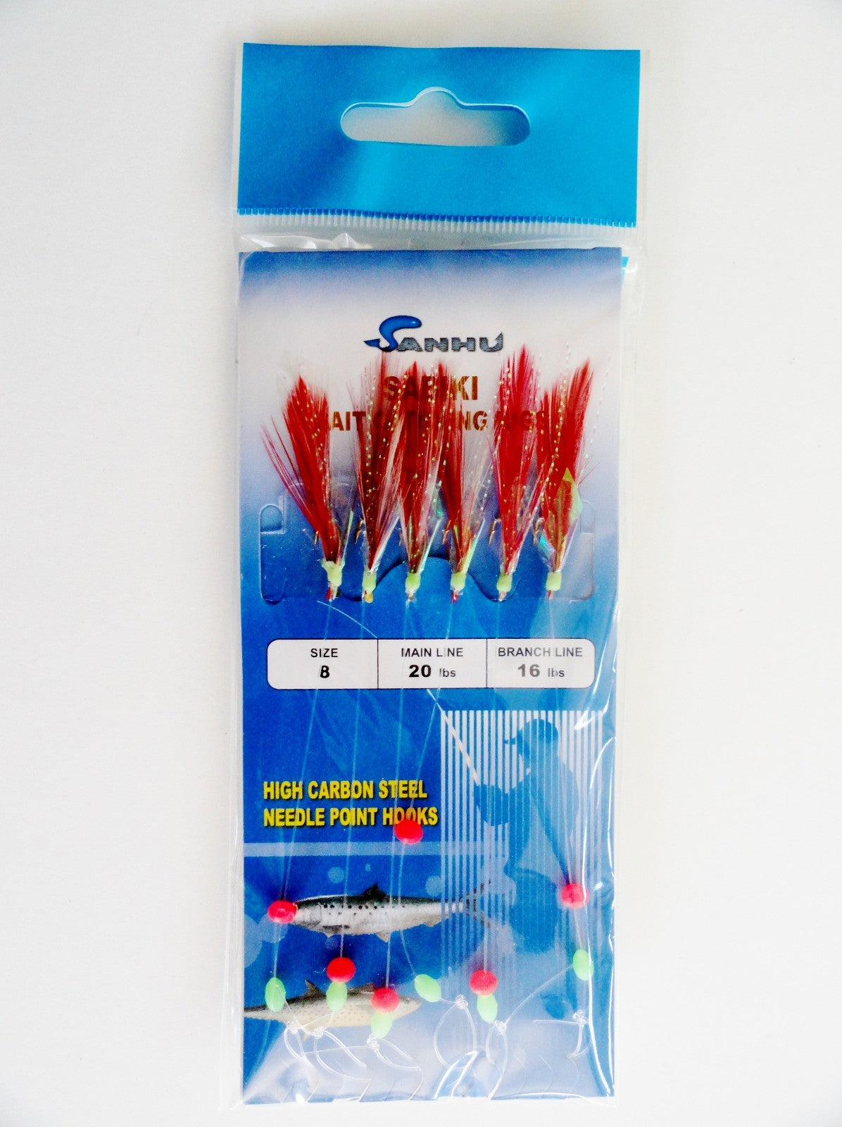 Sabiki Bait Rig with 6 Gold Hooks & Red Feathers - Multiple Sizes & Packs