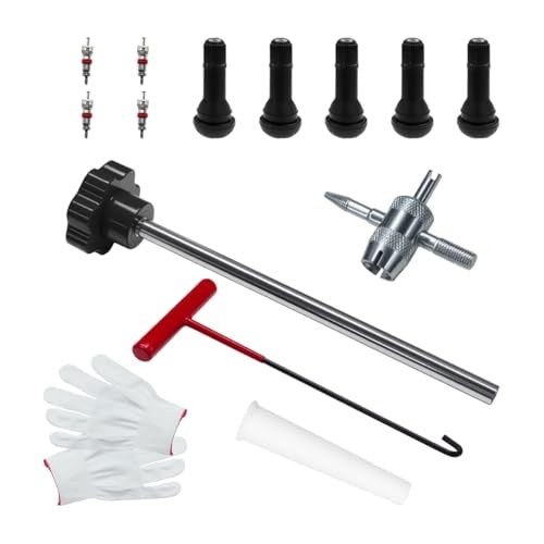 Car Tire Valve Core Removal & Replacement Kit with 5 Valves & 4-Way Tool