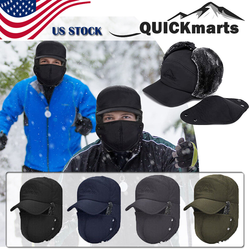 Winter Trapper Hat with Faux Fur Ear Flaps and Removable Face Mask - Windproof & Waterproof