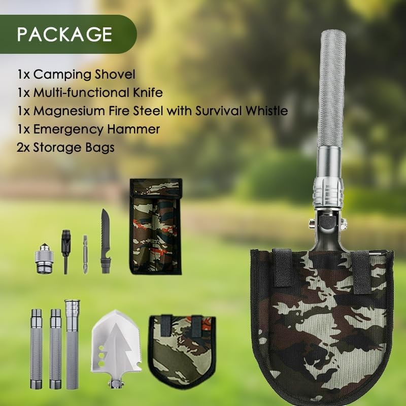 Multifunctional Camping Shovel with Axe Saw Hammer & Accessories - 23-in-1 Portable Folding Spade Kit