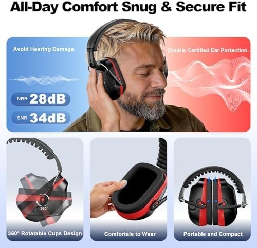 Noise Cancelling Ear Muffs for Shooting Mowing Construction - Adjustable Safety Hearing Protection