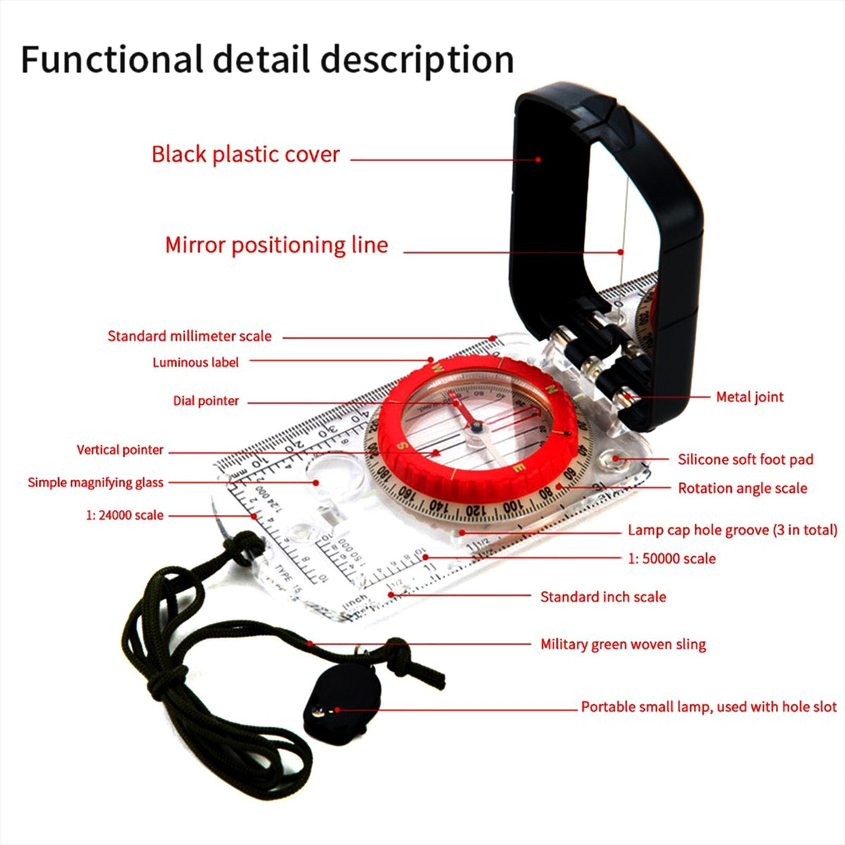 Hiking & Navigation Declination Compass with Mirror and Clinometer