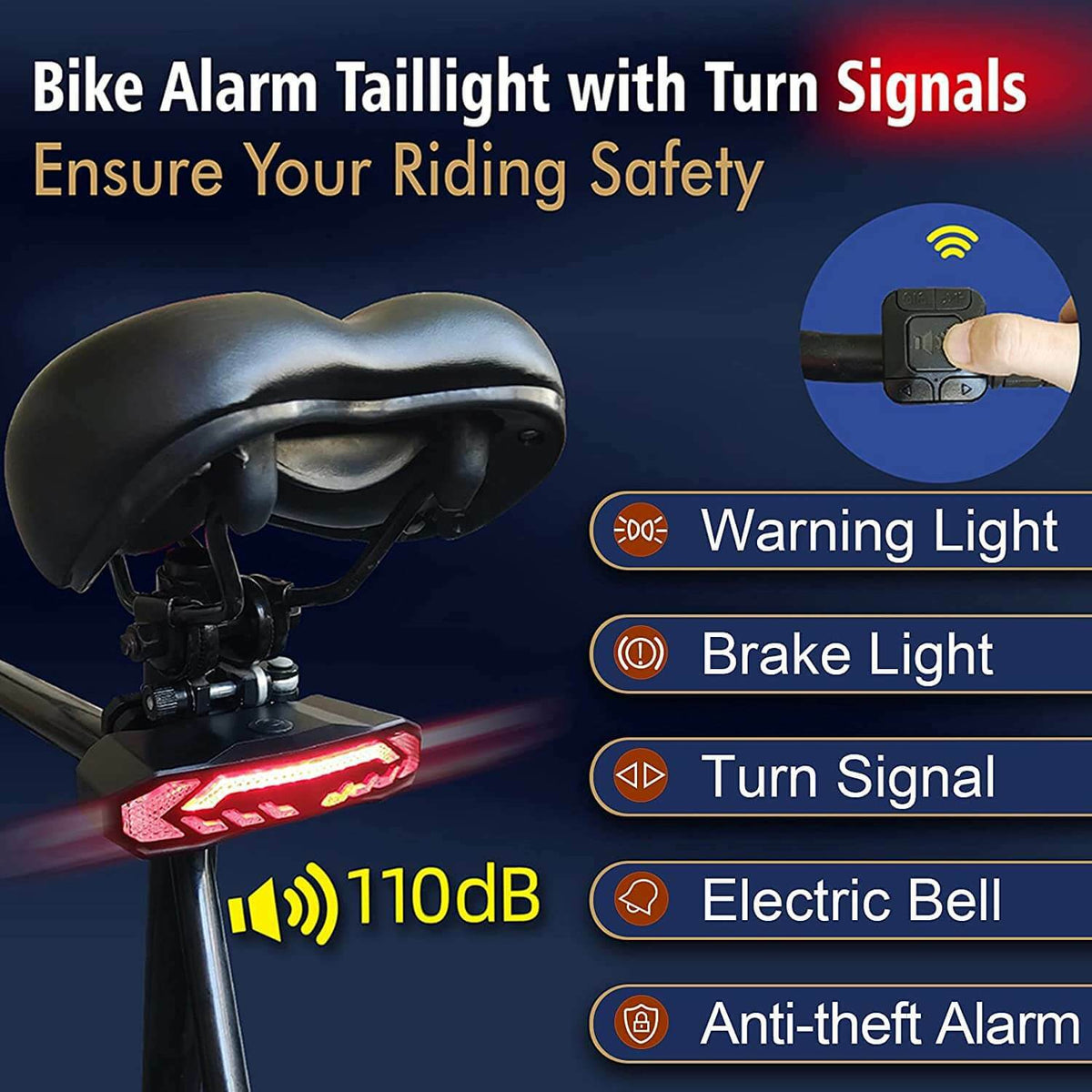 Wireless Bike Tail Light with Turn Signals & Brake Light - Waterproof, USB Rechargeable, 6 Modes