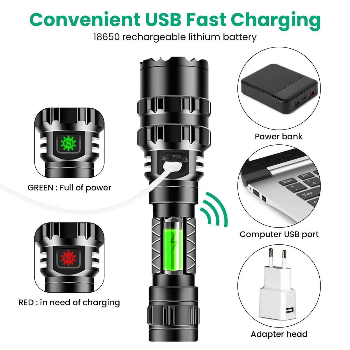 Rechargeable Tactical Flashlight 6000 Lumens Waterproof LED Zoomable Torch