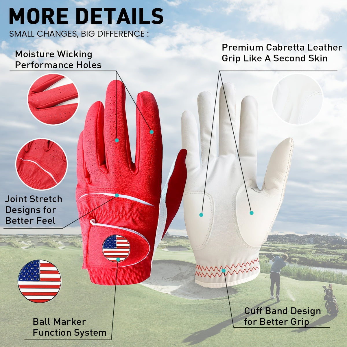 Golf Gloves Men Left Hand PU with Ball Marker 2 Pack All Weather Soft Grip
