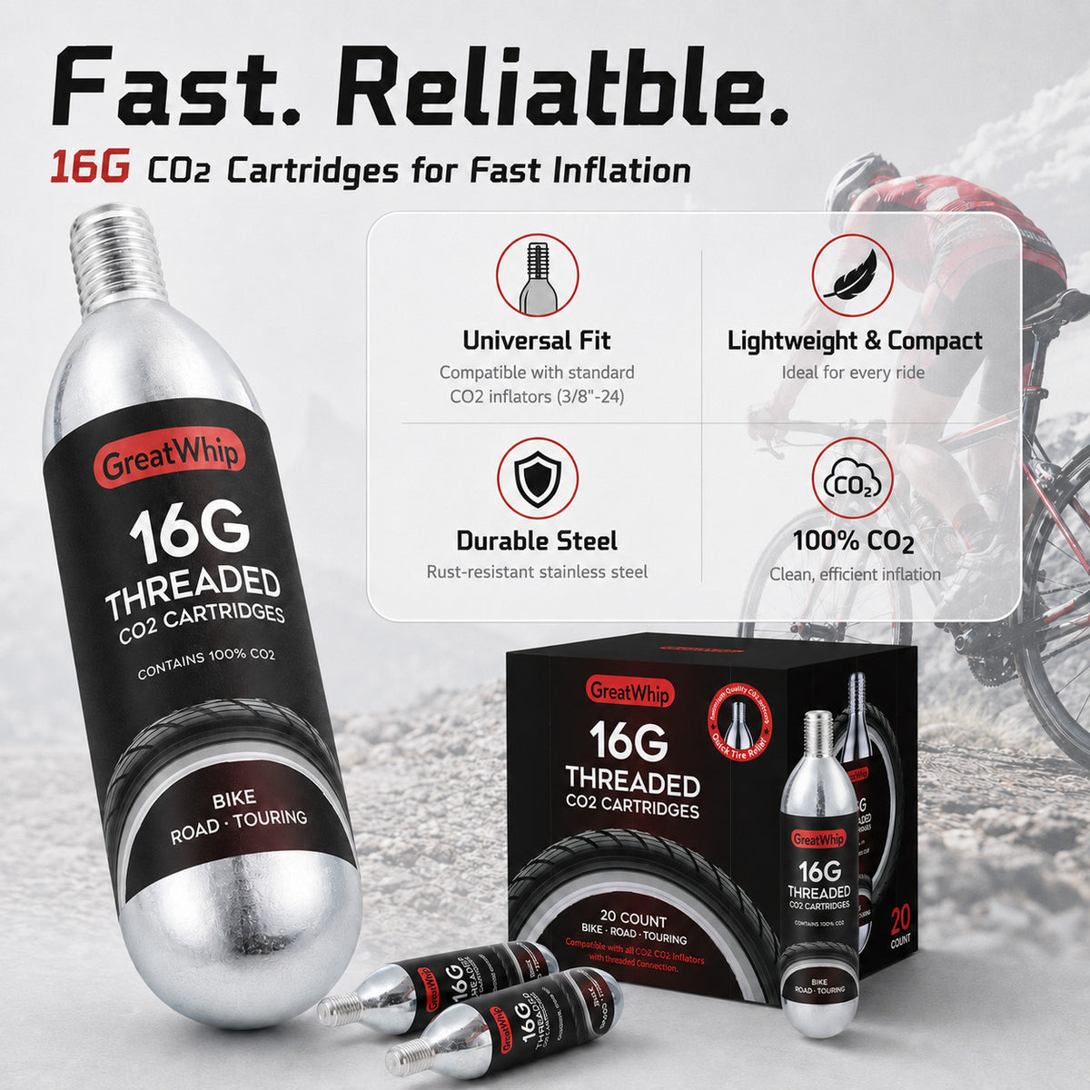 CO2 Bicycle Tire Inflator Cartridge 16g for Bike Mountain & Road Tires