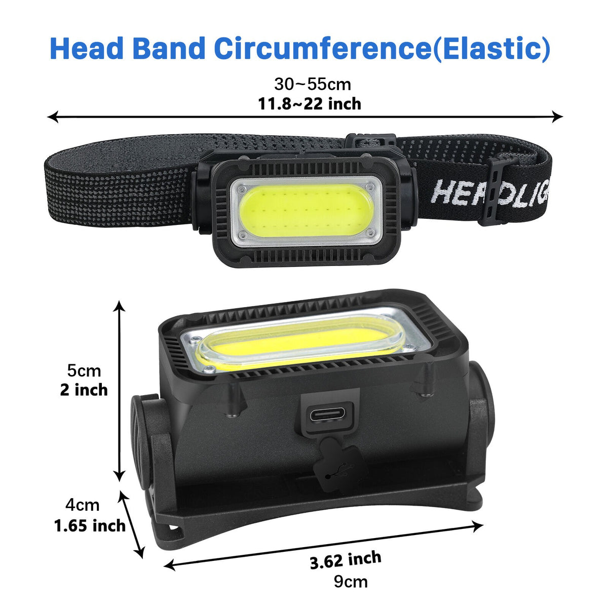 USB Rechargeable LED Headlamp with Charging Cable - Waterproof Headlight Torch