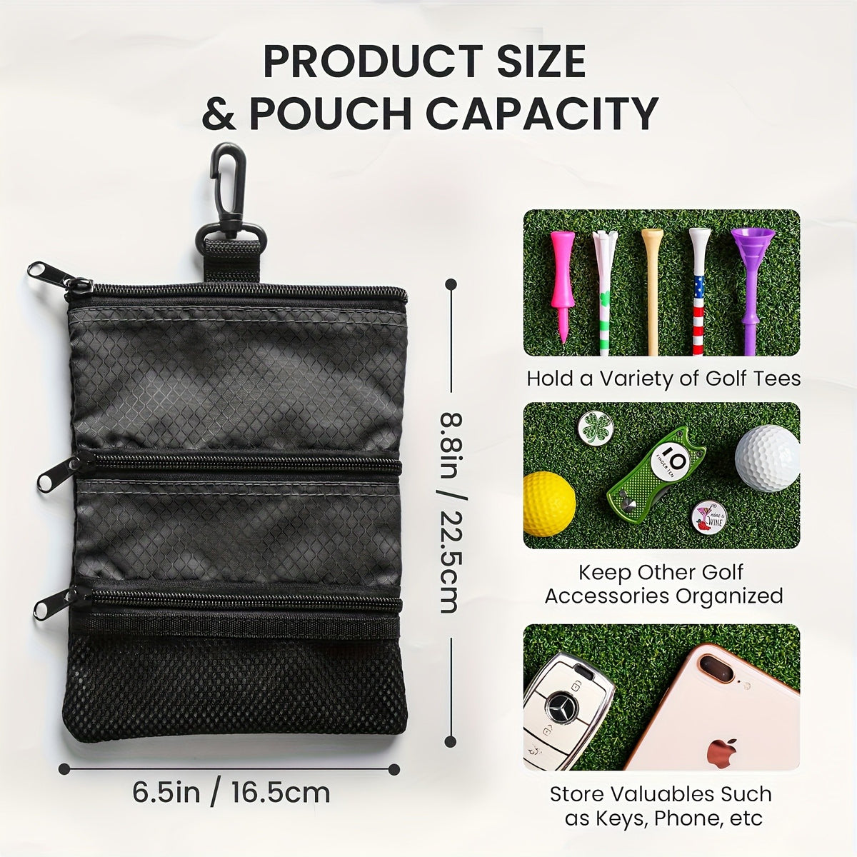 Golf Accessory Pouch Bag with Zipper and Multiple Pockets for Valuables and Tees