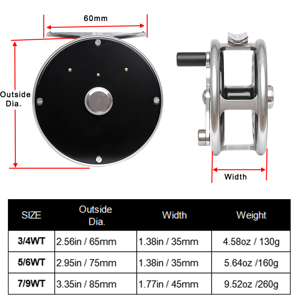 Fly Fishing Reel with Adjustable Handle - Compatible with 3/4wt, 5/6wt, 7/9wt Lines