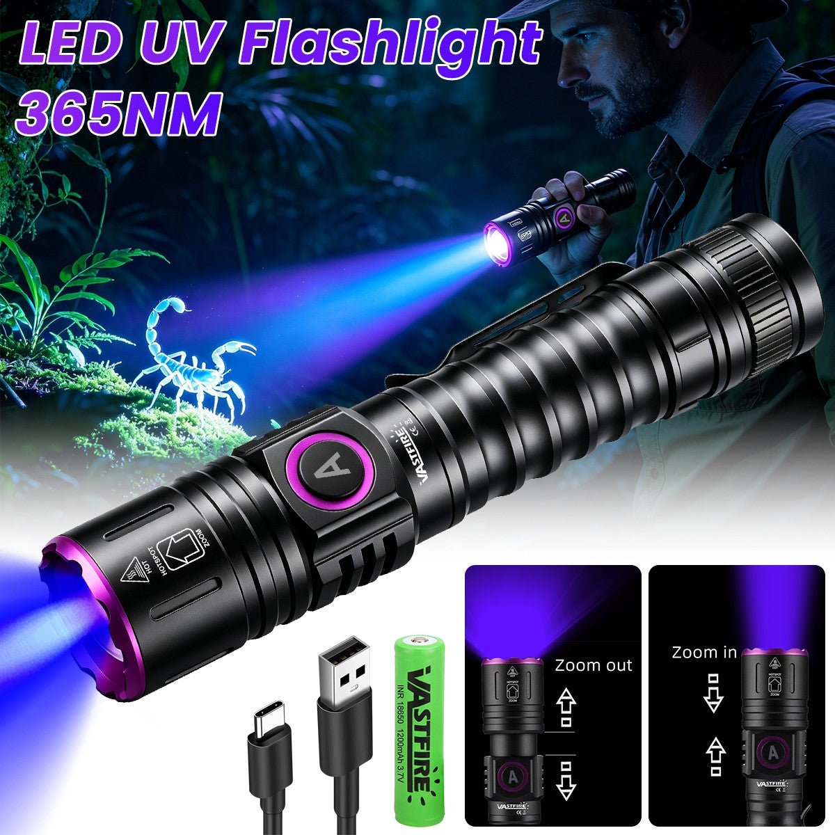 365nm UV LED Flashlight Blacklight Inspection Torch with Zoom