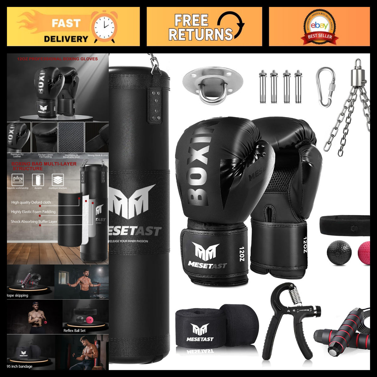 Heavy Punching Bag Set with 12 OZ Gloves for Boxing MMA Karate Training