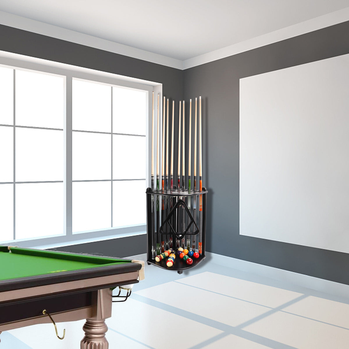10-Cue Corner Floor Pool Cue Rack, Solid Wood Stand with Score Counters