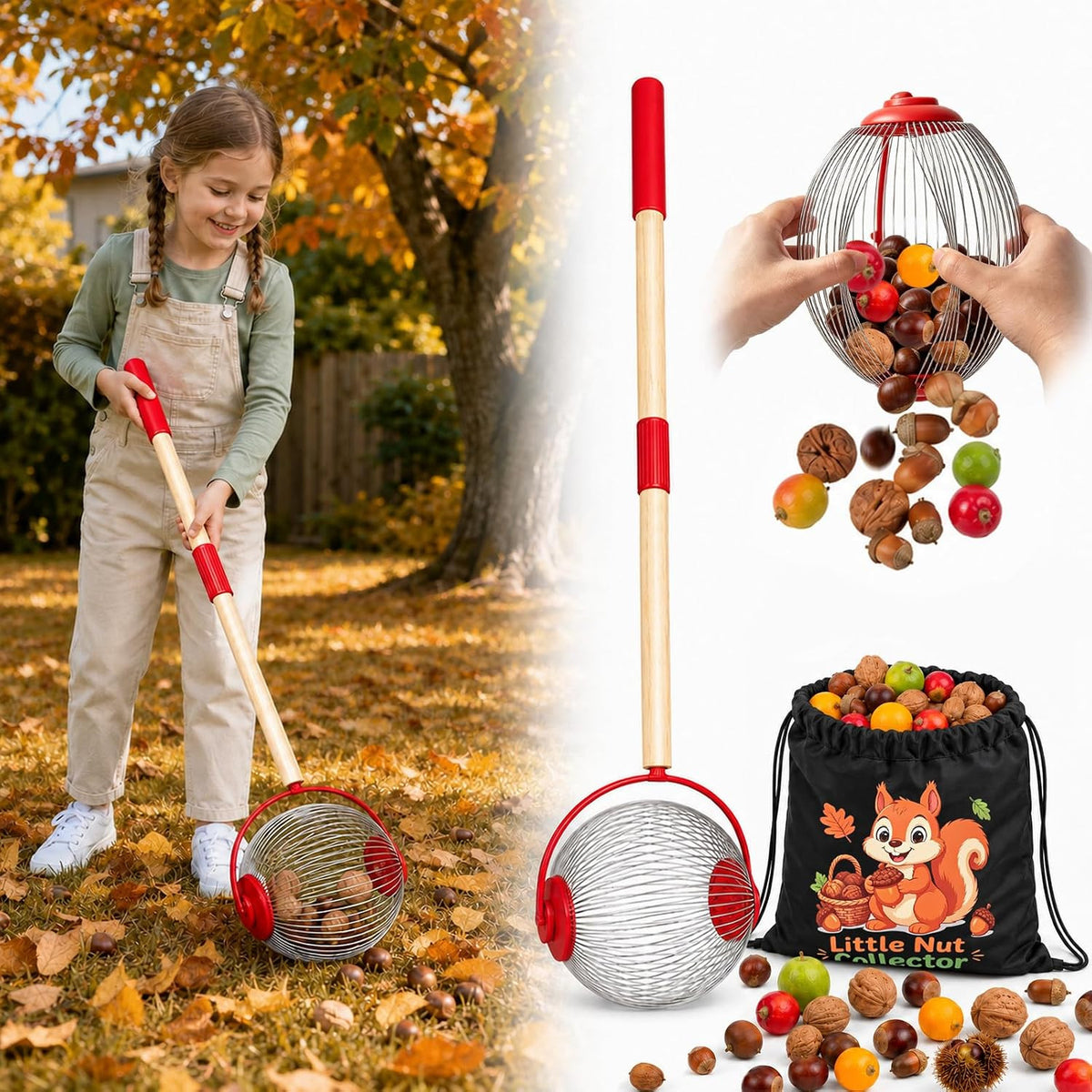 Kids Nut Gatherer Set - Acorn Picker Roller with Storage Bag for Fall Yard Cleanup