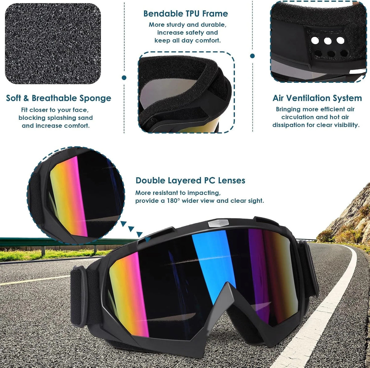 Motorcycle Goggles for ATV Dirt Bike Motocross - Impact-Resistant UV Protection