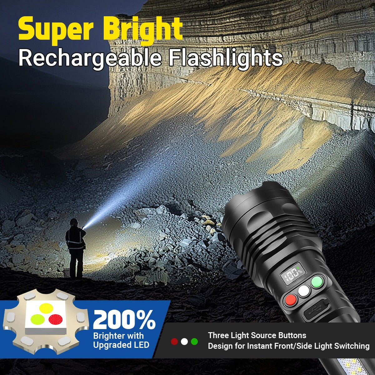 Rechargeable 990000LM LED Tactical Flashlight with 3 Colors & COB Work Light