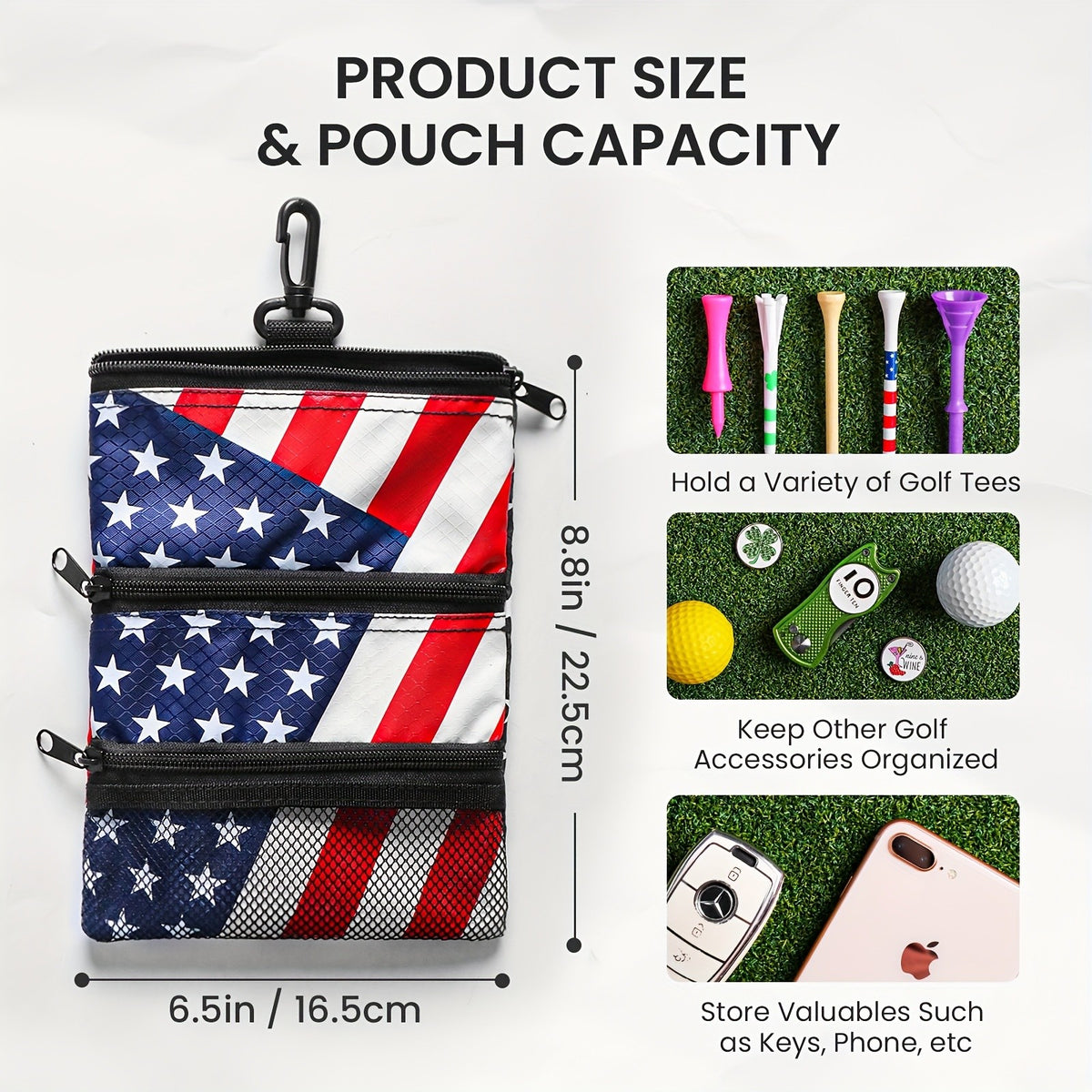 Golf Bag Valuables Pouch with Multiple Pockets and Zipper Hook - Portable Golf Accessory