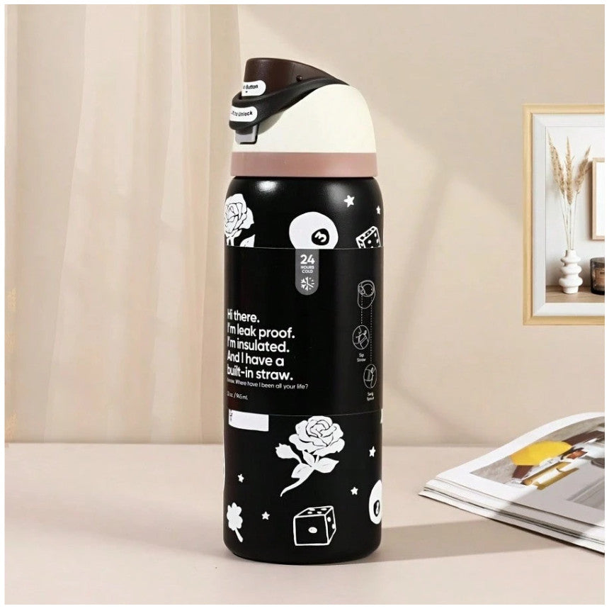 32oz Insulated Water Bottle with Good Luck Cowboy Design - Leakproof, FreeSip