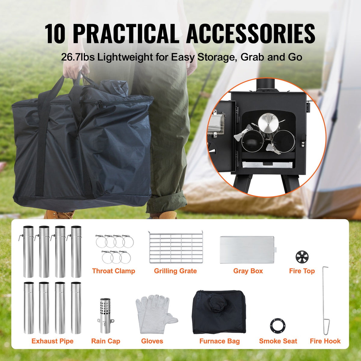 Portable Outdoor Wood Stove for Camping - 86 Inch Tent Heating & BBQ