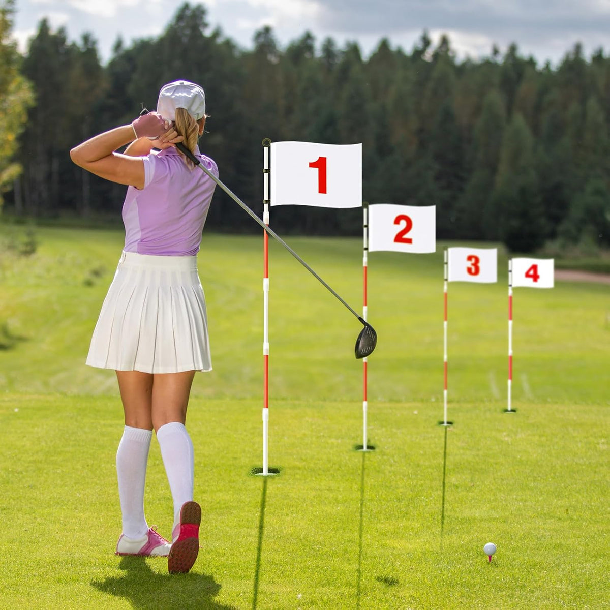Golf Flagstick Set with 6Ft Flags and Hole Cups - 4 Pack for Green Practice