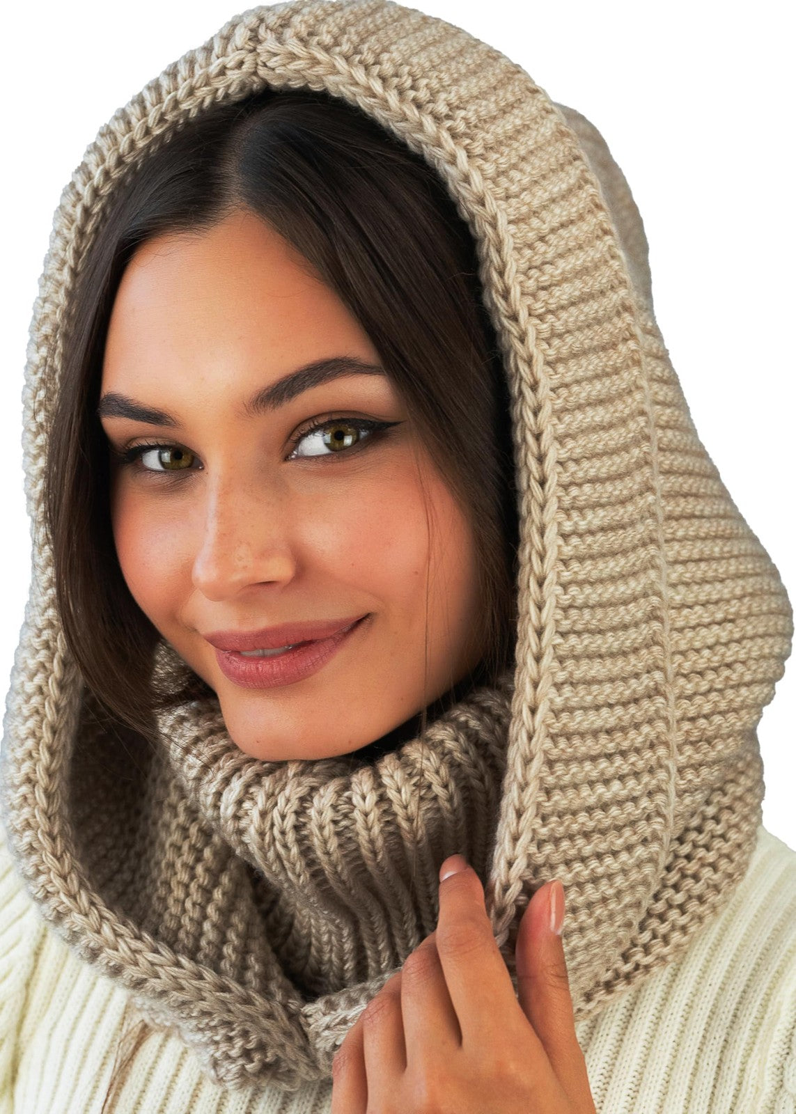 Women Wool Knit Hooded Scarf with Detachable Balaclava and Neck Gaiter