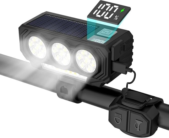 Solar USB Rechargeable Bike Light with Bright LED Beam & Loud Horn