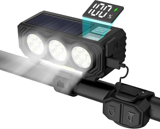 Solar USB Rechargeable Bike Light with Bright LED Beam & Loud Horn