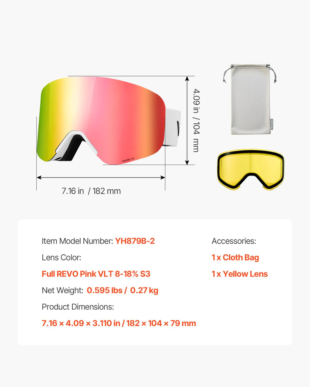Magnet Cylindrical Ski Goggles with Pink Revo Coating - Snowboard & Snow Skiing