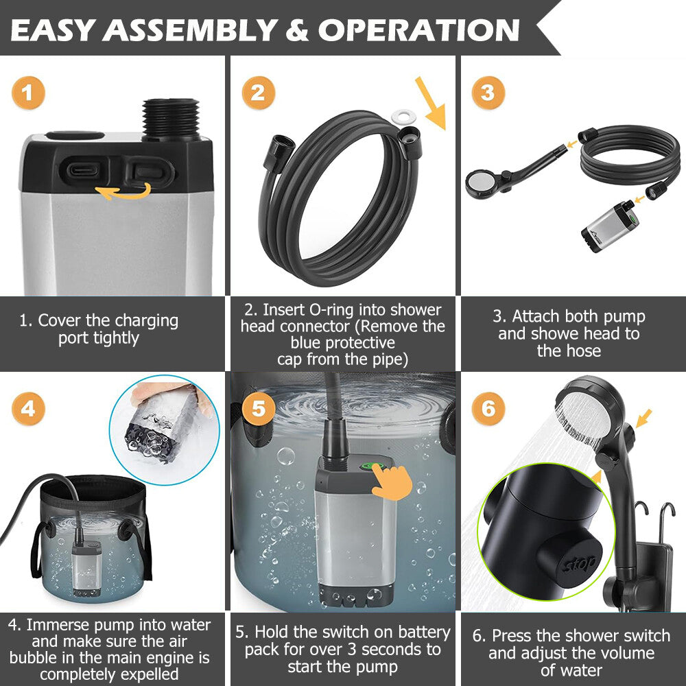 Portable Camping Shower Pump with 6000mAh Battery, Adjustable Water Modes