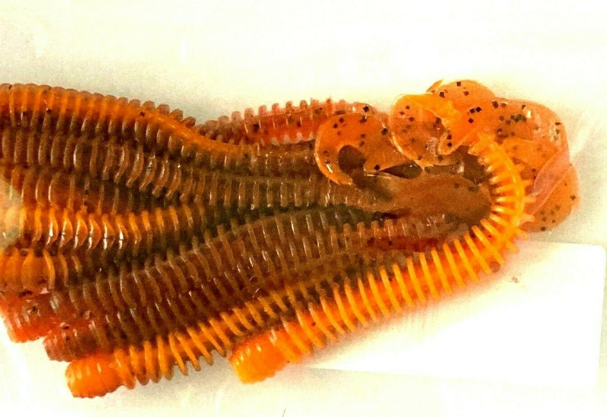 2 Pack Ribbed Curly Tail Worm Bait Set for Fishing - Brown & Orange Pepper Flake Colors