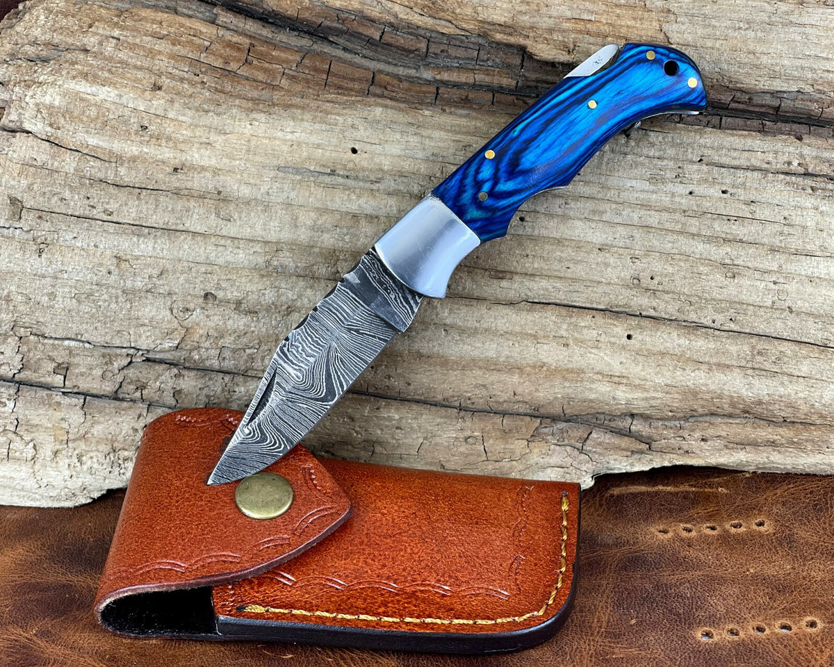 Handmade Damascus Folding Knife with Multiple Color Variants