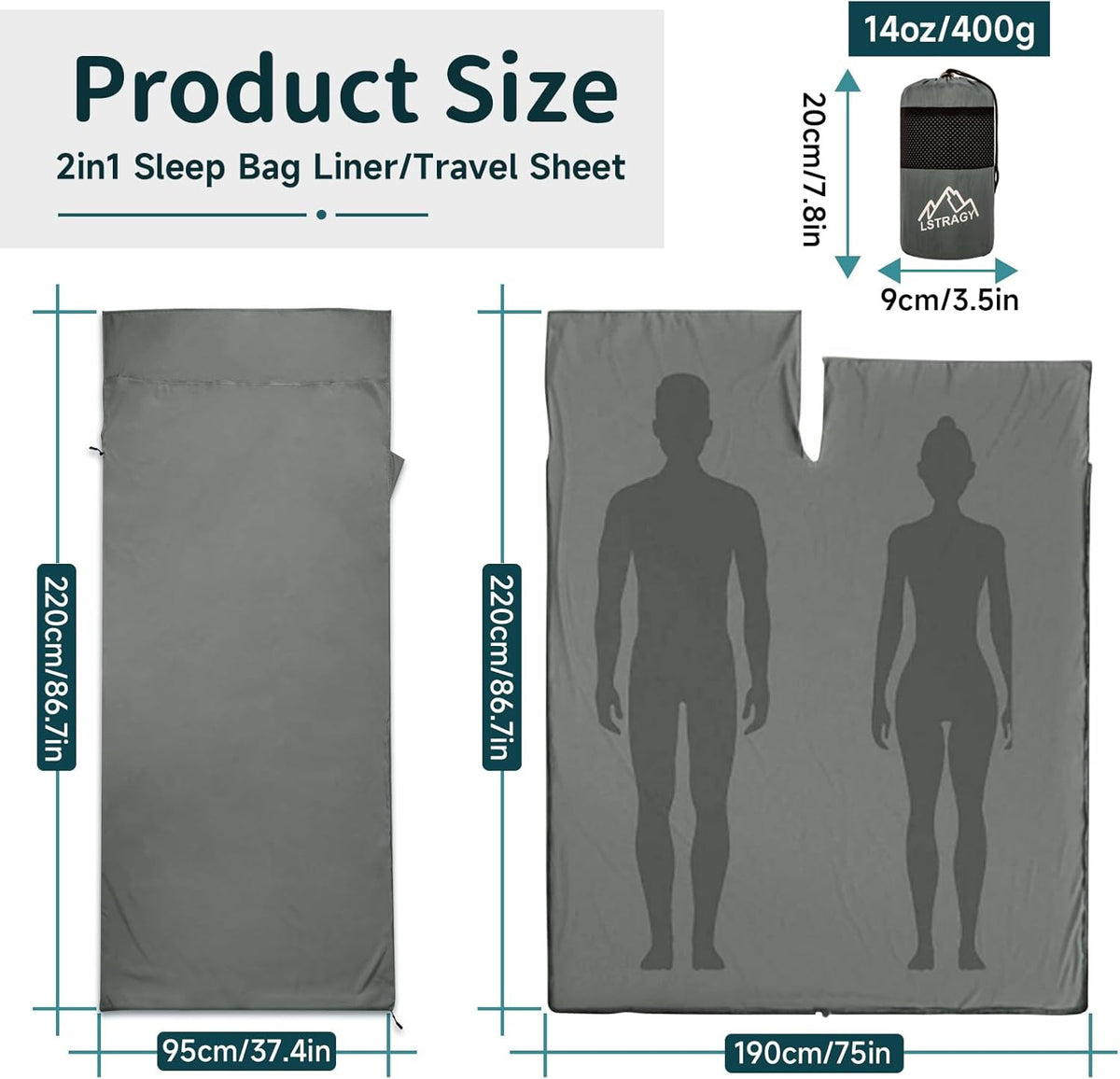 Ultralight Sleeping Bag Liner with 2-Way Zipper and Pillow Pocket - Compact Travel Sheet