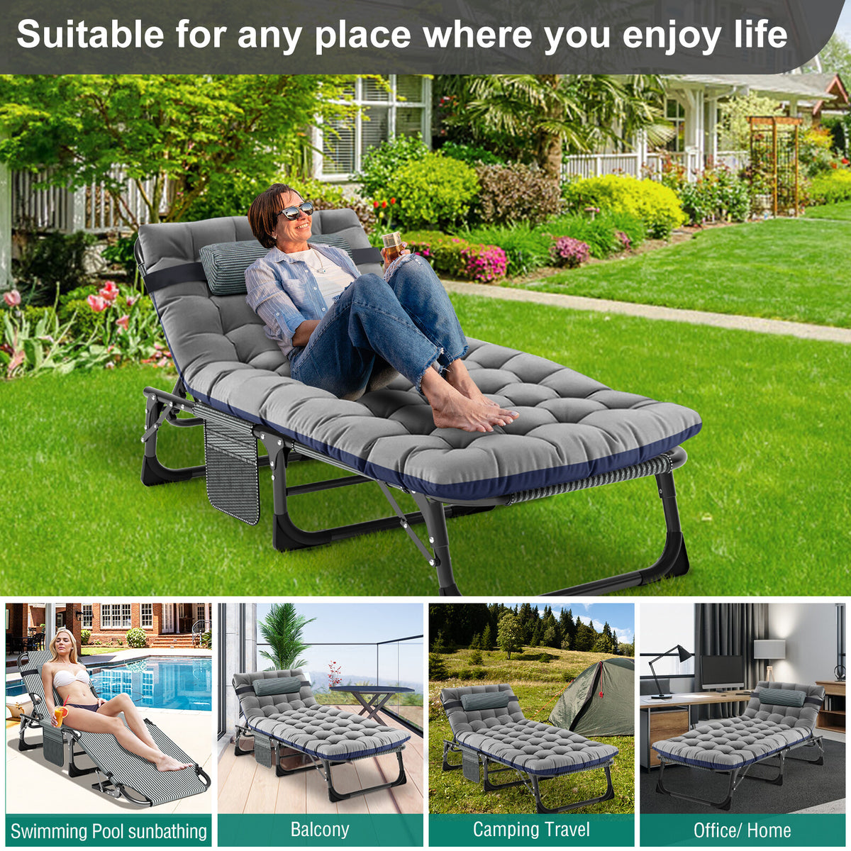Adults Folding Camping Cot with Adjustable Headrest and Mattress