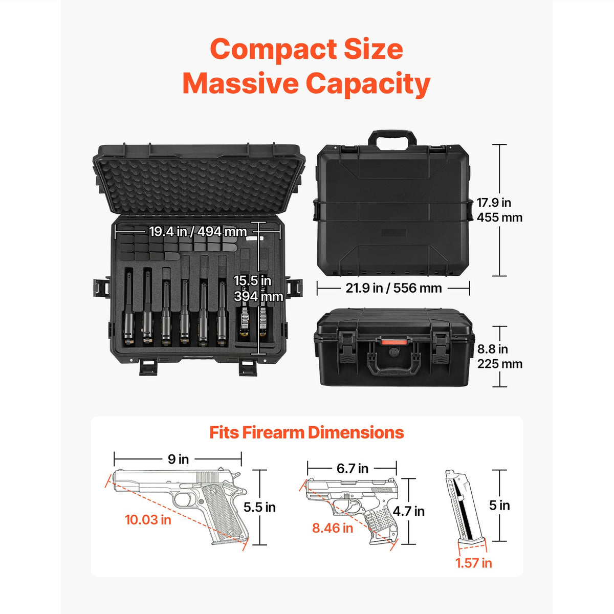 Hard Pistol Case with Foam Lining Waterproof Lockable Storage 21.9x17.9x8.8in