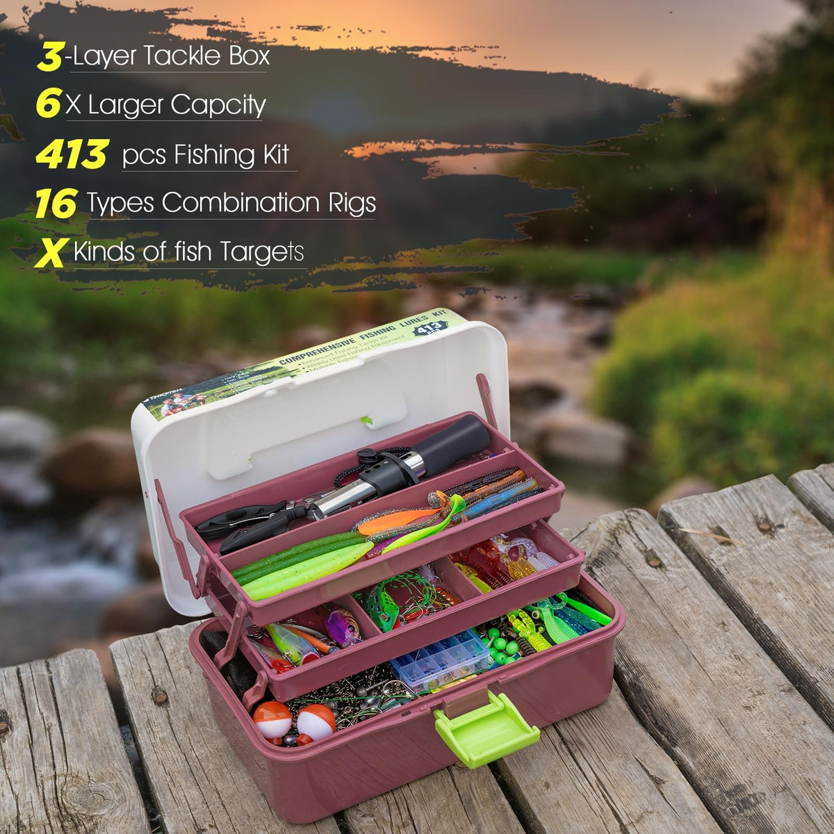Complete Fishing Tackle Kit Set with Lures, Hooks, Accessories & Tackle Box